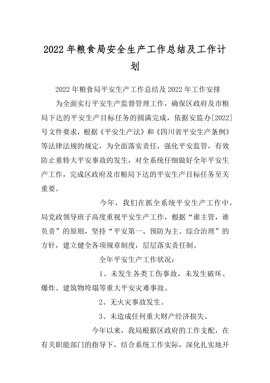 2022年粮食局安全生产工作总结及工作计划.docx_第1页