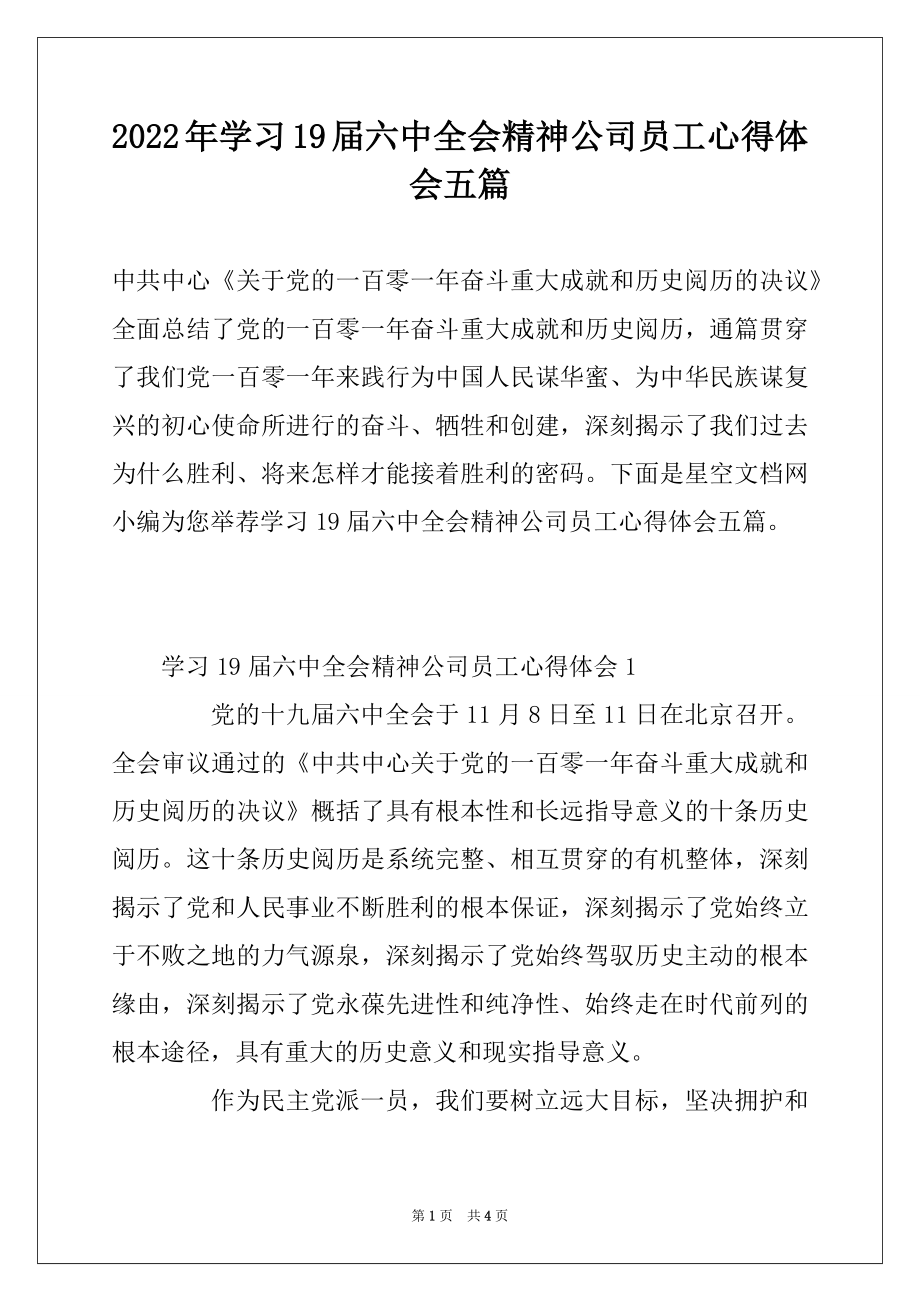 2022年学习19届六中全会精神公司员工心得体会五篇.docx_第1页