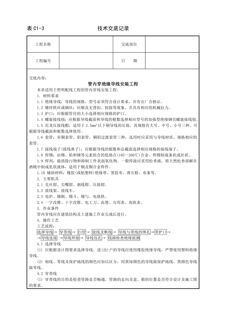 技术交底及其安全资料库技术交底安装工程 管内穿绝缘导线安装工程.docx_第1页