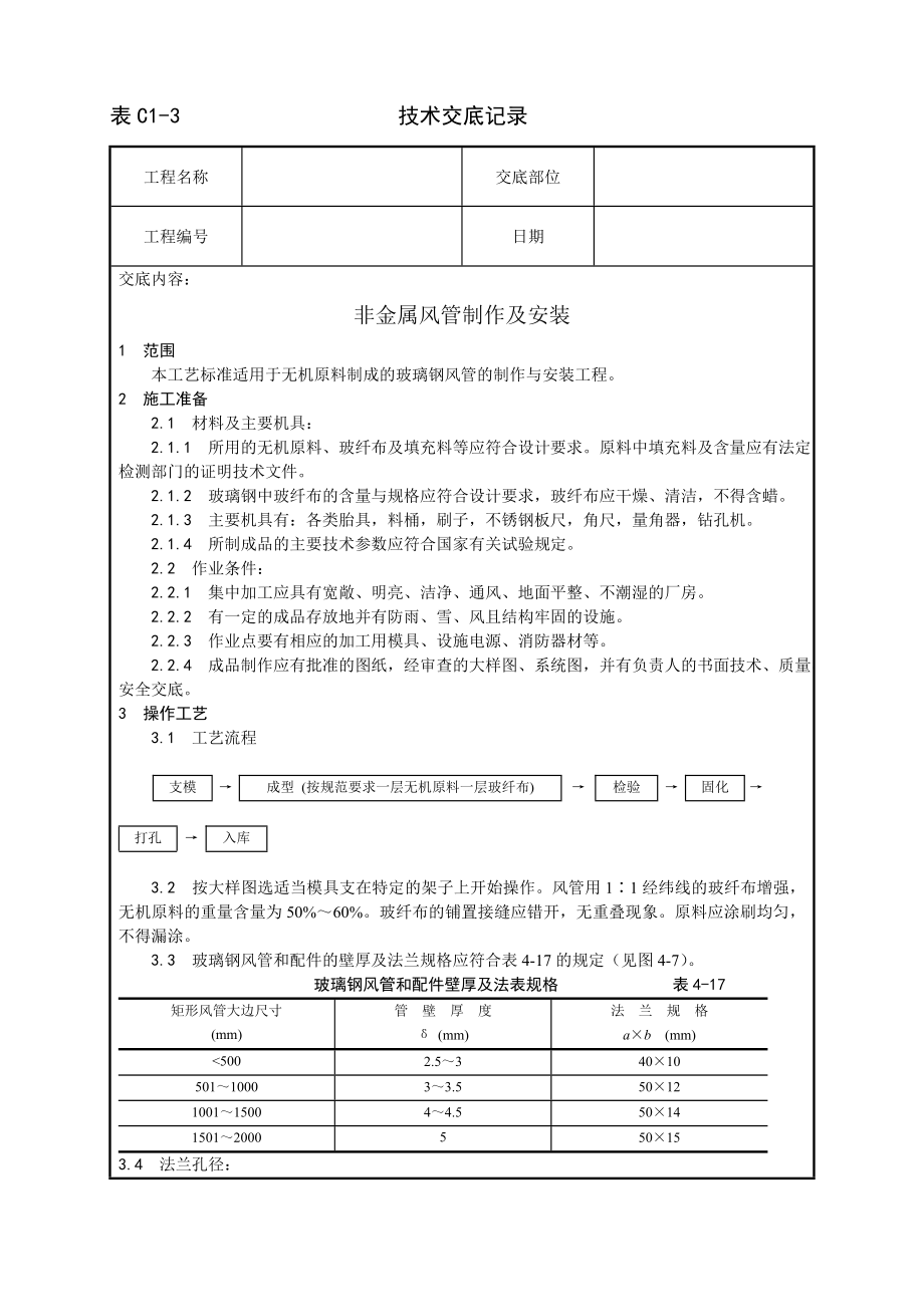 技术交底及其安全资料库技术交底增加安装工程 非金属风管制作及安装工艺.docx_第1页