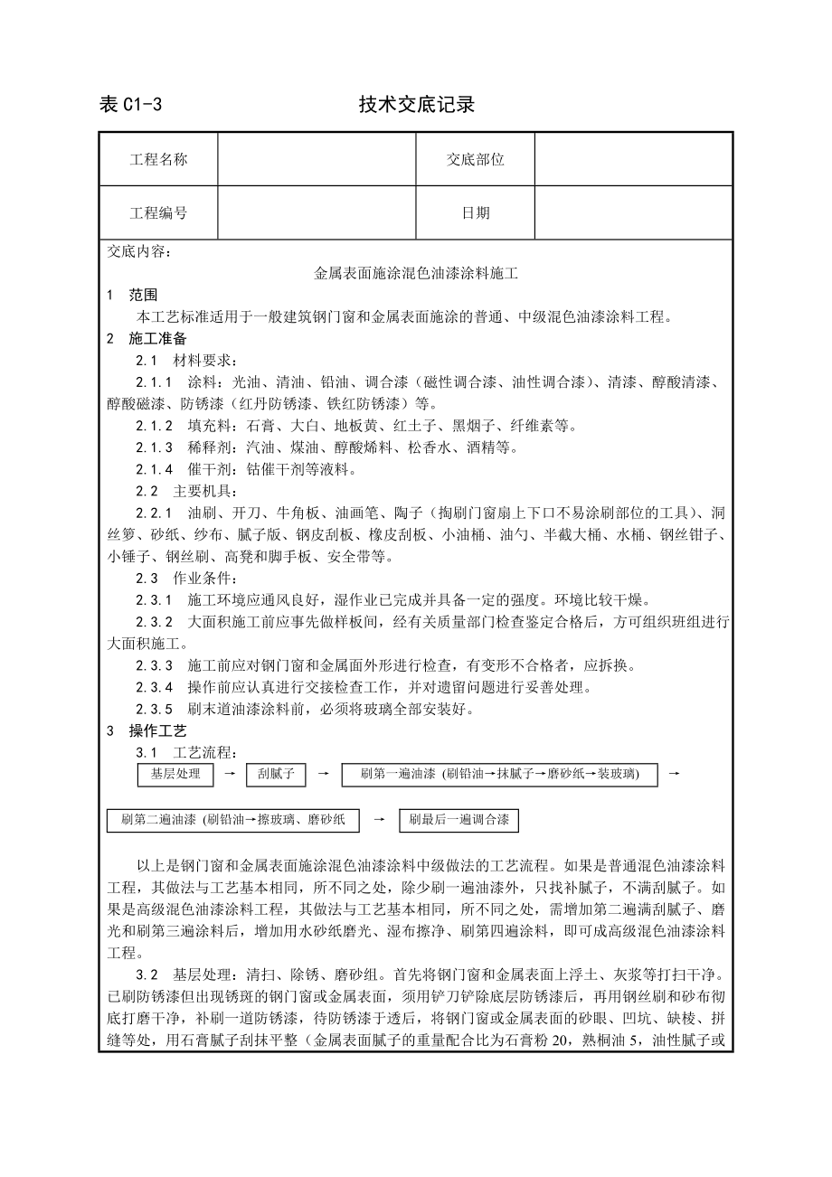 金属表面施涂混色油漆涂料施工工艺技术交底及施工.docx_第1页