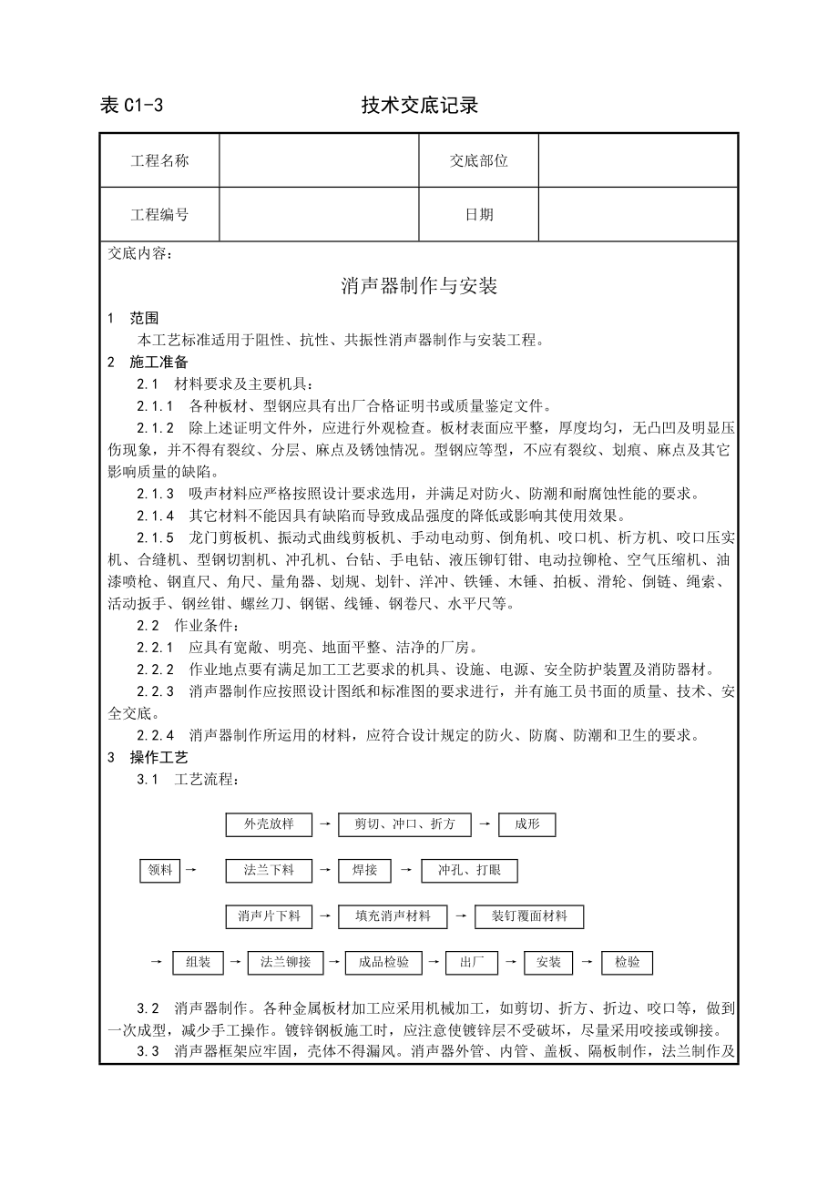 技术交底及其安全资料库技术交底增加安装工程 消声器制作与安装工艺.docx_第1页