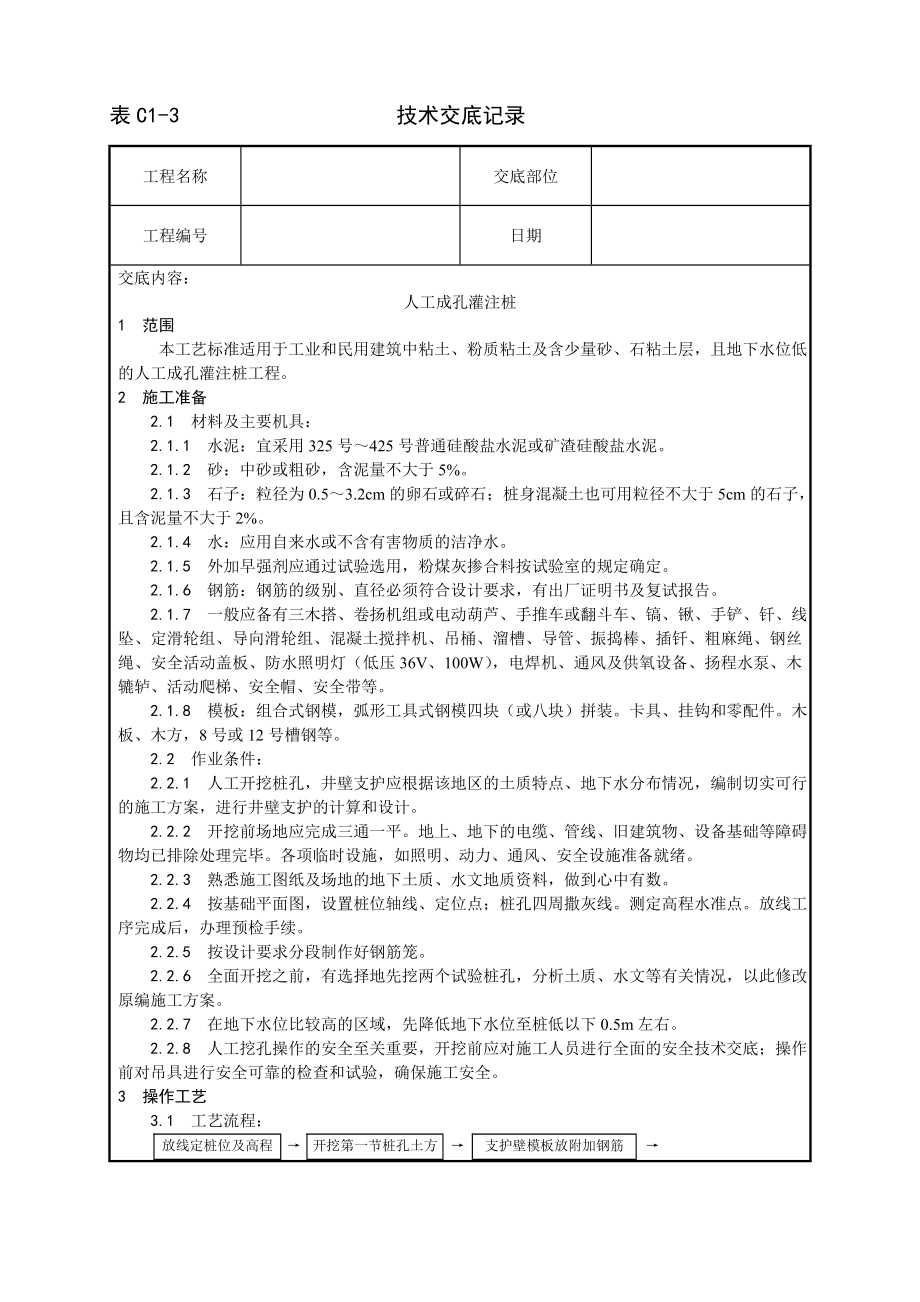 人工成孔灌注桩施工工艺技术交底及施工.docx_第1页