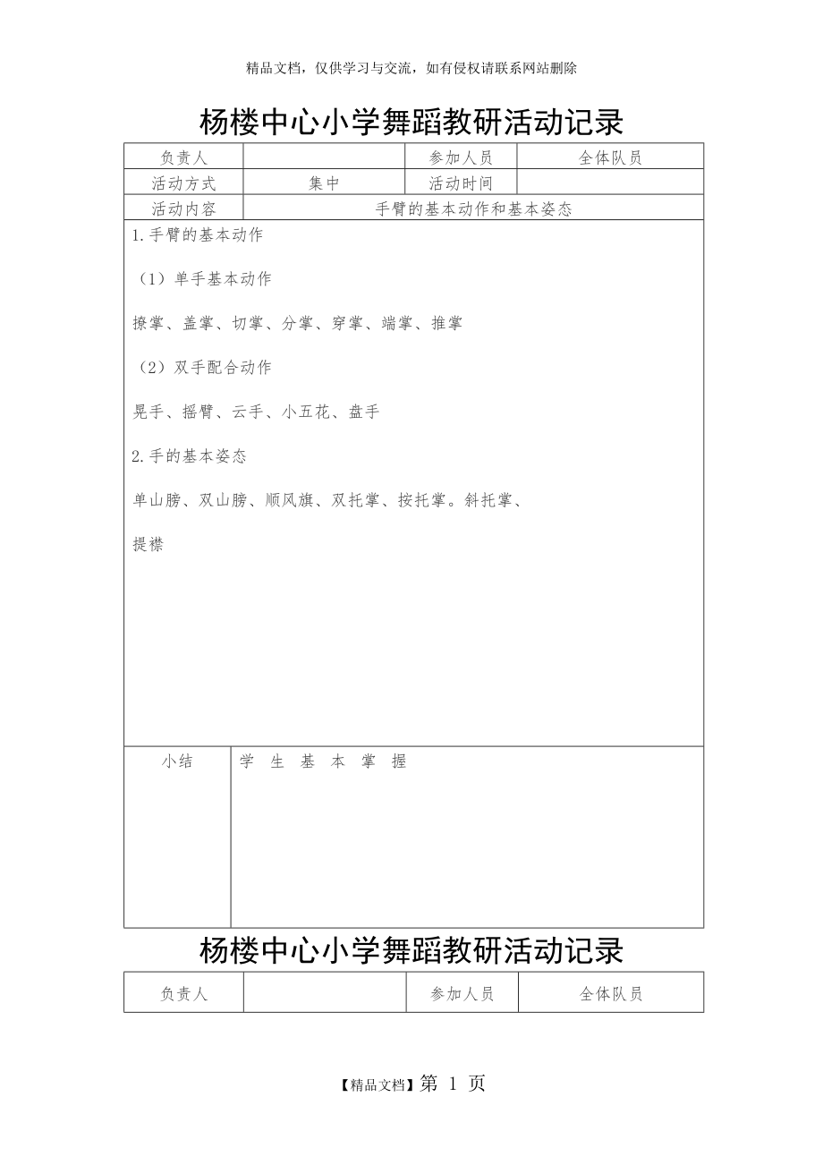 杨楼中心小学舞蹈教研活动记录.doc_第1页