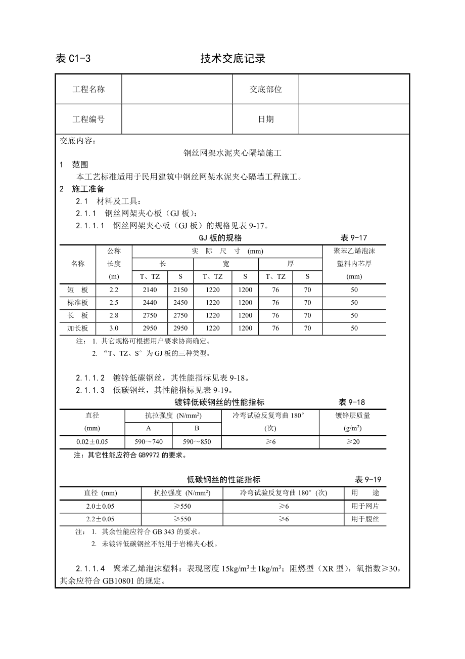 技术交底及其安全资料库技术交底增加建筑工程 钢丝网架水泥夹心隔墙施工工艺.docx_第1页