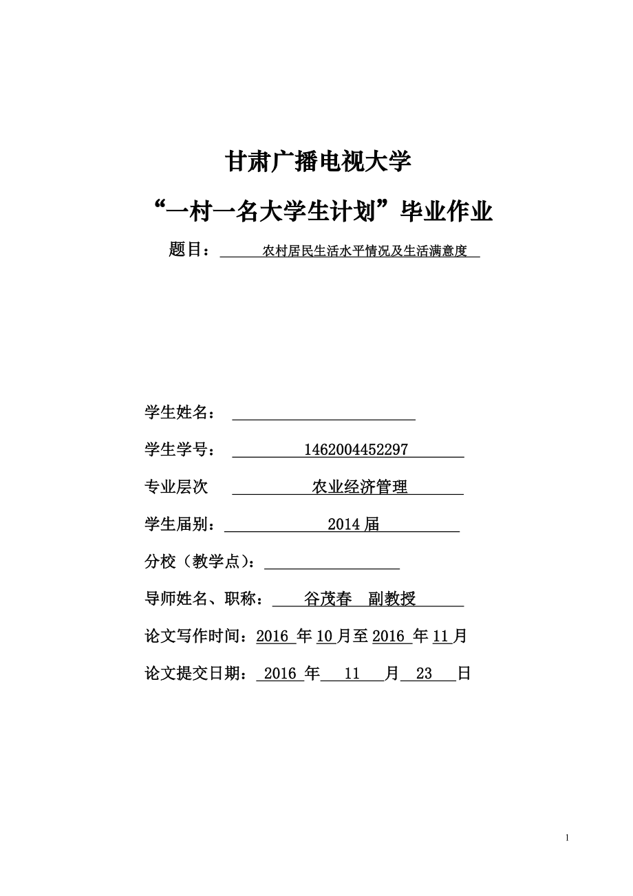 农村居民生活水平情况及生活满意度 毕业论文.doc_第1页