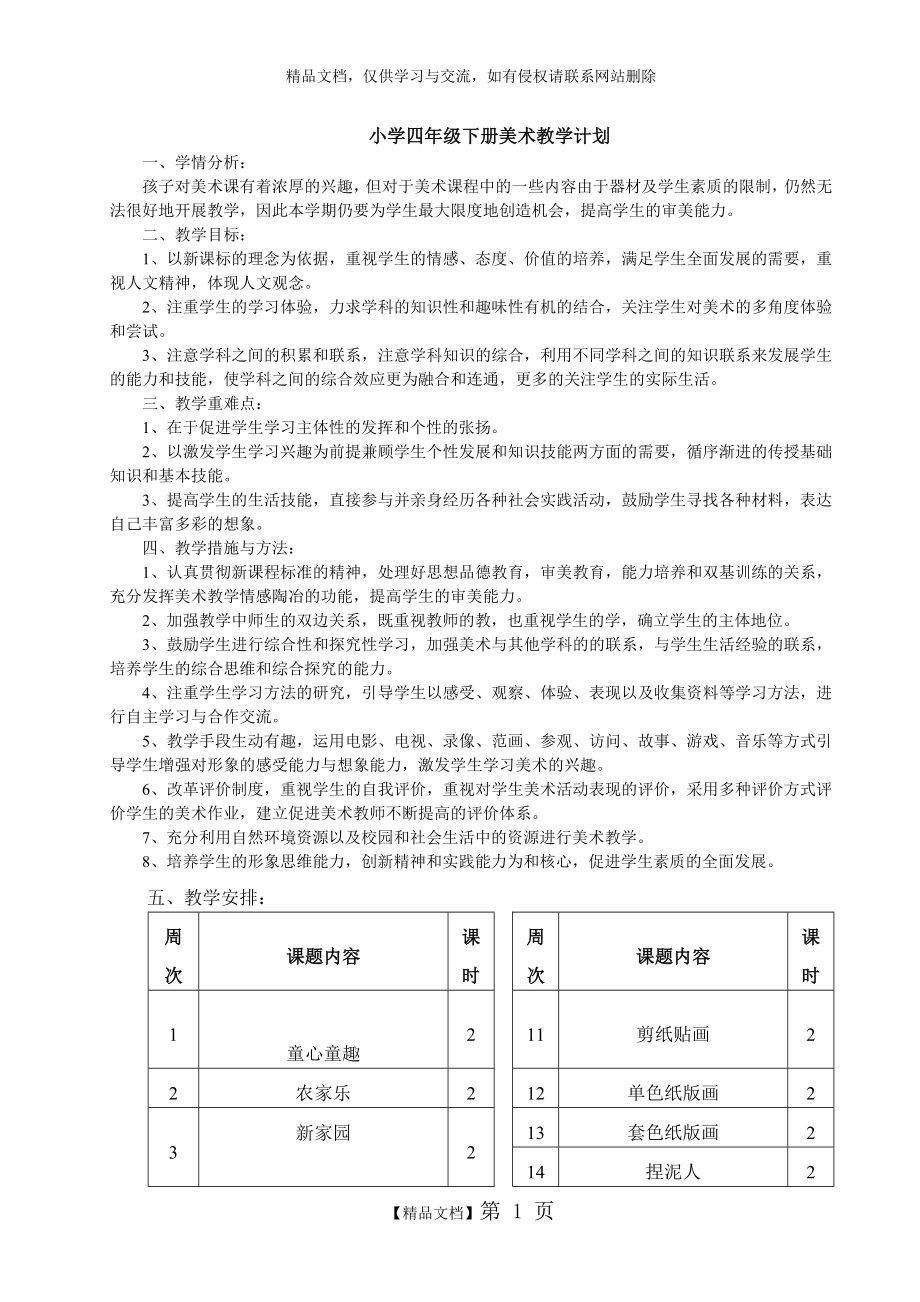 江西版小学四年级下册美术教学计划.doc_第1页