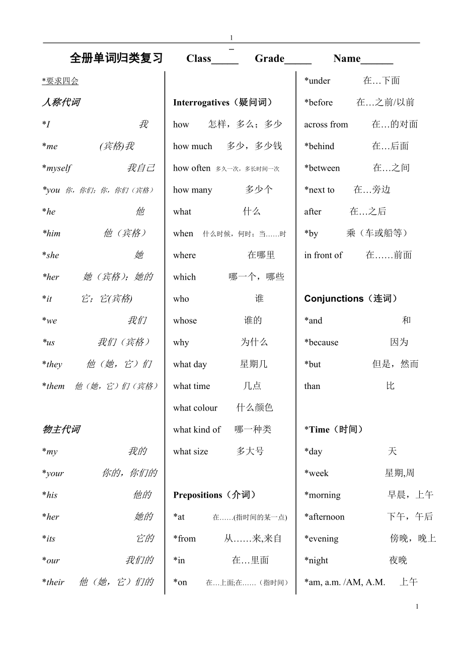 小学一至六年级英语单词归类复习.docx_第1页