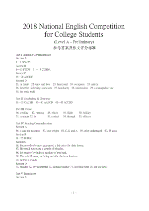 2018年全国大学生英语竞赛A、B、C、D类初赛答案及听力录音原文.docx