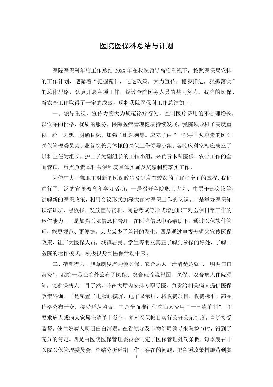 医院医保科总结与计划.docx_第1页