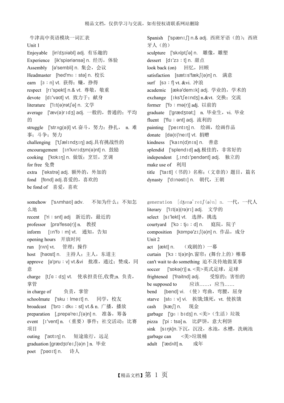 牛津版湖南高中英语模块一词汇表(带音标).doc_第1页