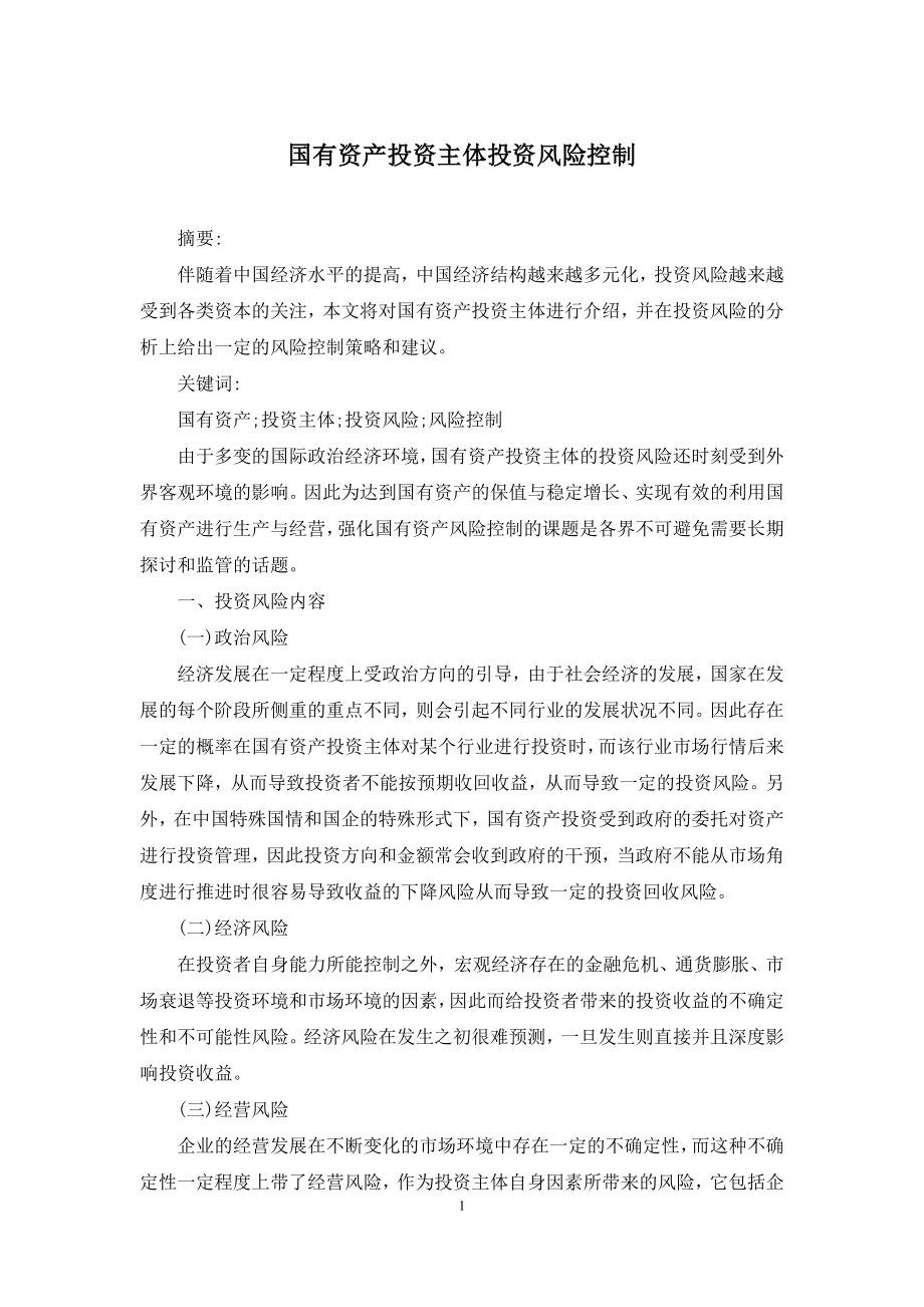 国有资产投资主体投资风险控制.docx_第1页