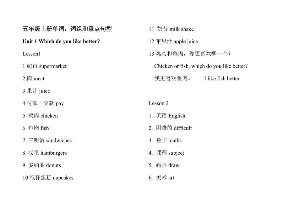 人教版五年级上册单词词组和重点句型.doc_第1页