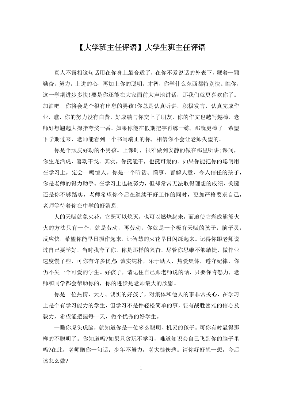 【大学班主任评语】大学生班主任评语.docx_第1页