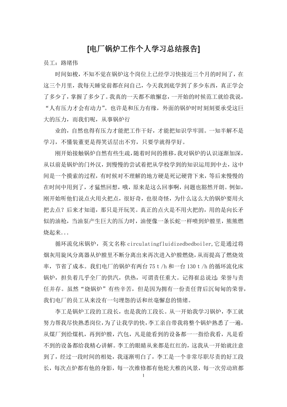 [电厂锅炉工作个人学习总结报告].docx_第1页