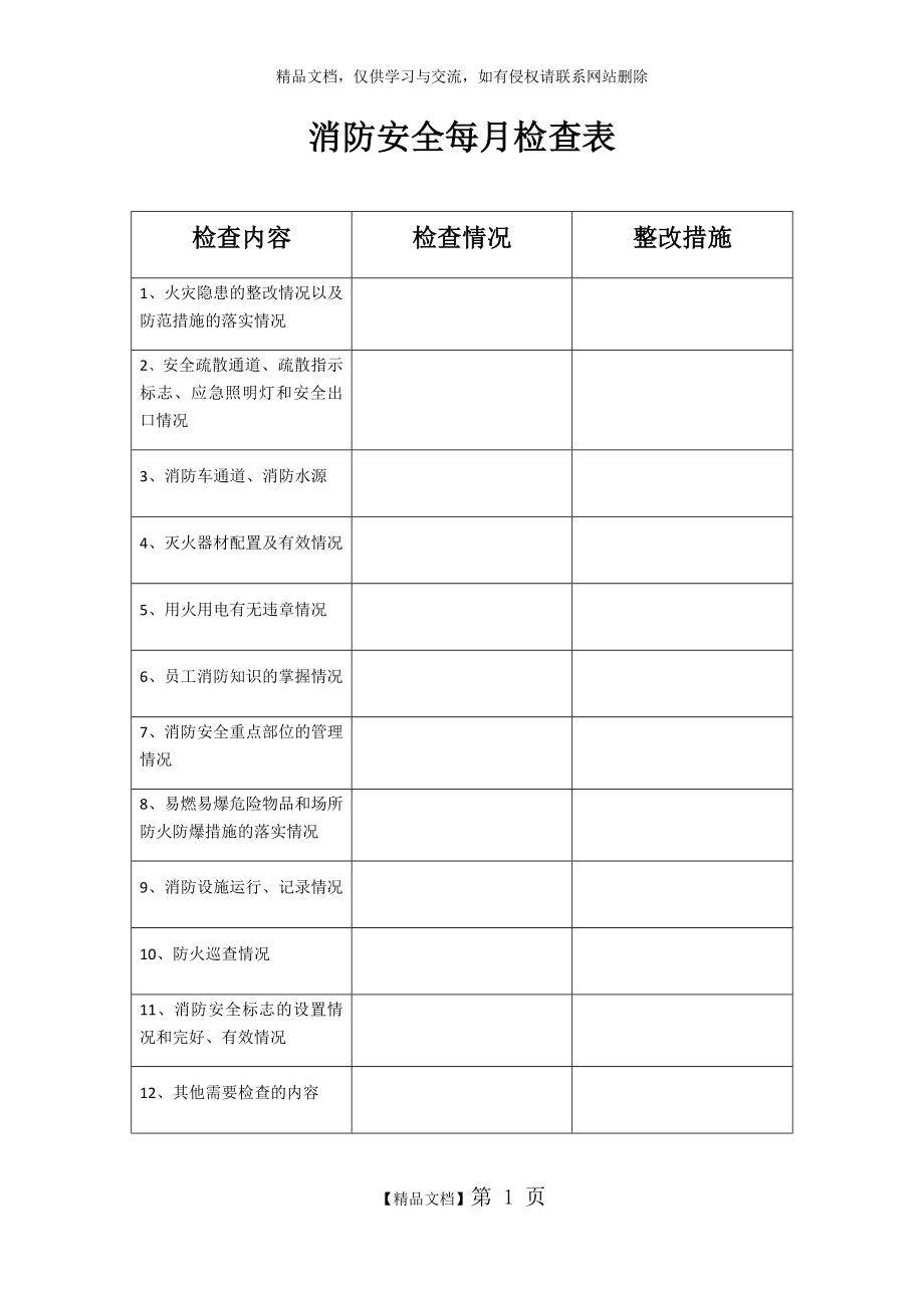 消防安全每月检查表.docx_第1页