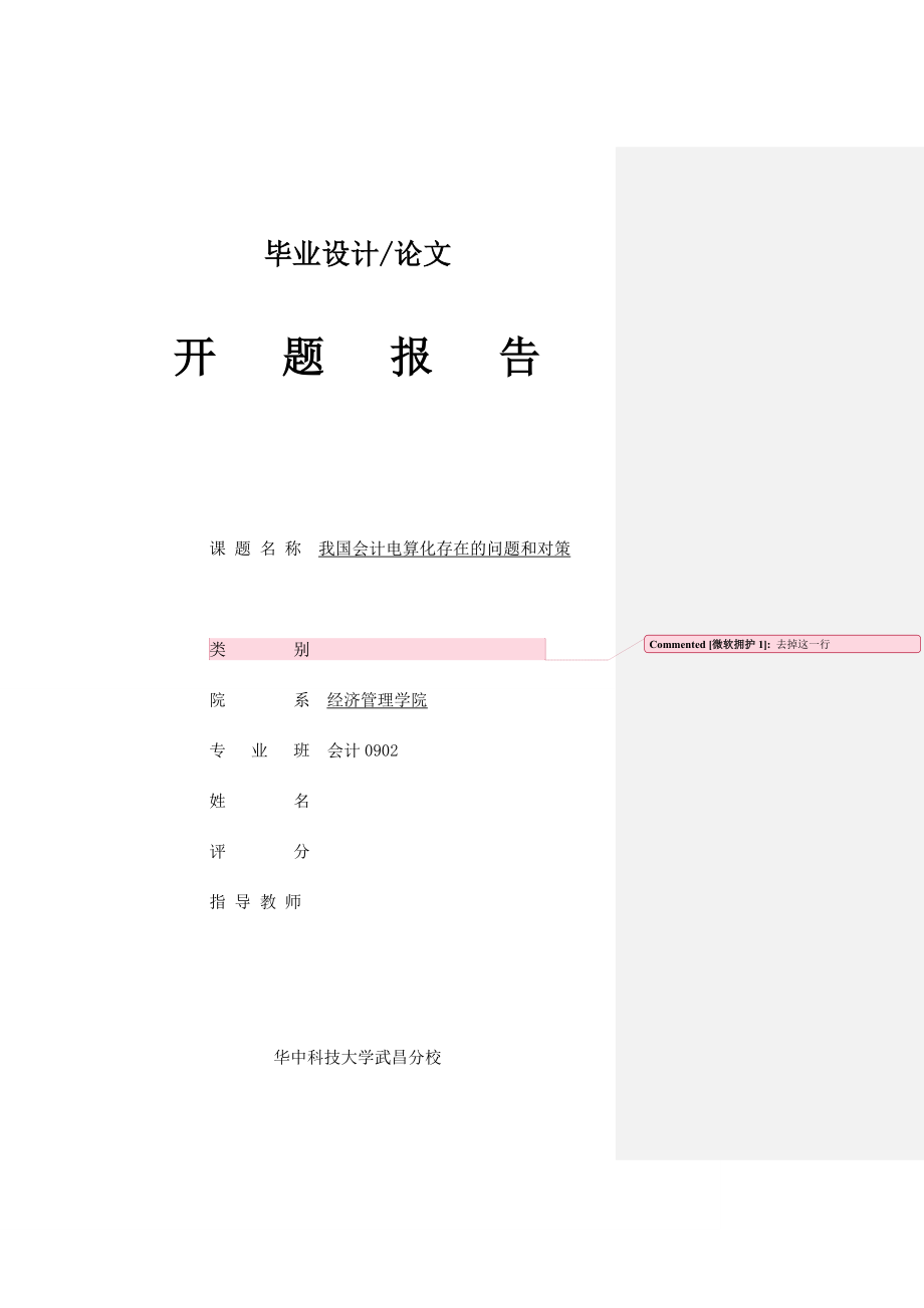 我国会计电算化存在的问题和对策-开题报告和外文翻译.doc_第1页