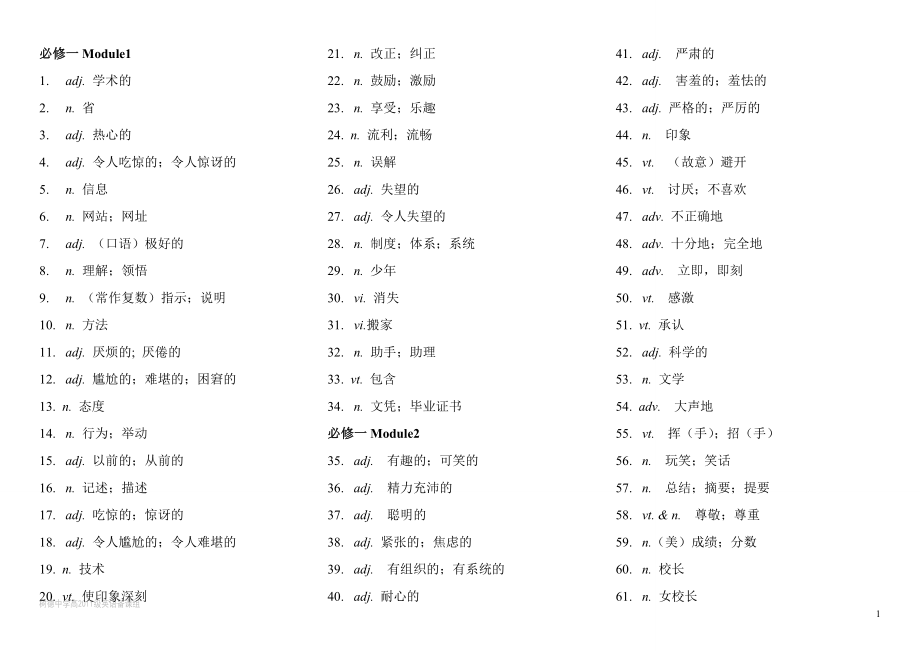 外研社高中英语必修1-5单词默写本-汉语表.docx_第1页