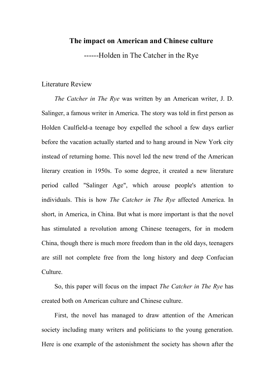 The impact on American and Chinese culture------Holden in The Catcher in the Rye.docx_第1页