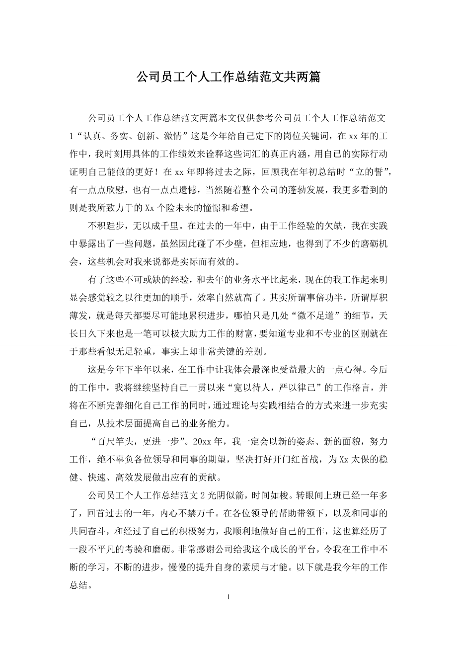 公司员工个人工作总结范文共两篇.docx_第1页