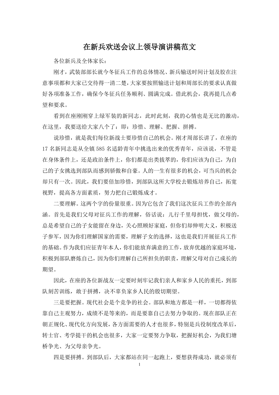 在新兵欢送会议上领导演讲稿范文.docx_第1页