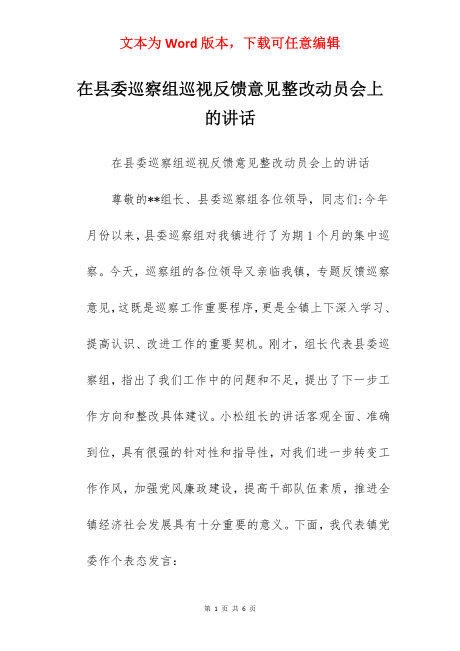 在县委巡察组巡视反馈意见整改动员会上的讲话.docx_第1页