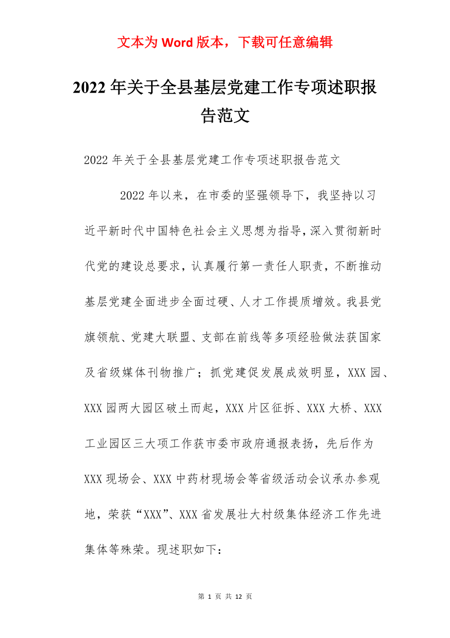 2022年关于全县基层党建工作专项述职报告范文.docx_第1页