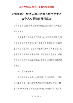 公司领导在2022年学习教育专题民主生活会个人对照检查材料范文.docx