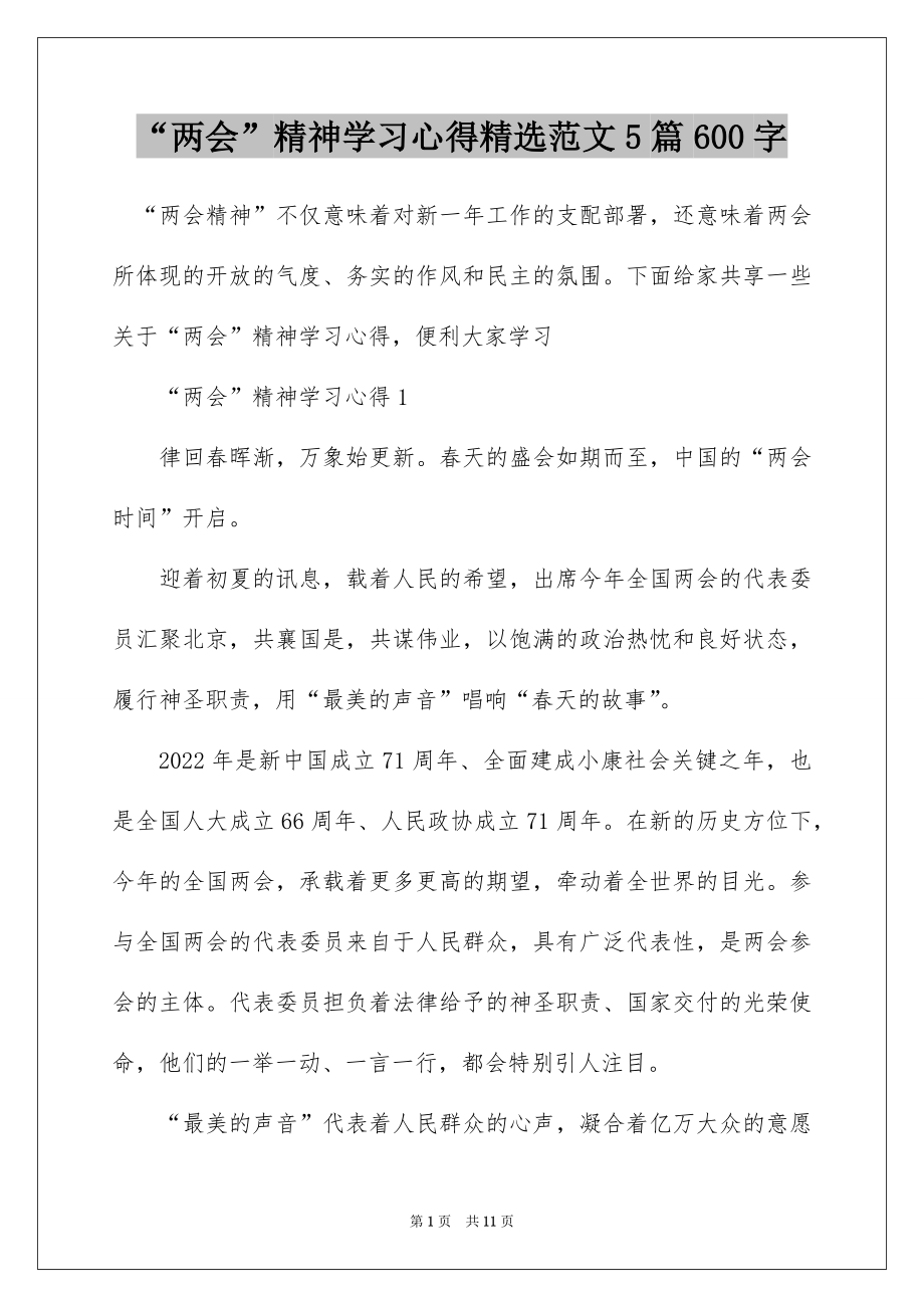 “两会”精神学习心得精选范文5篇600字.docx_第1页