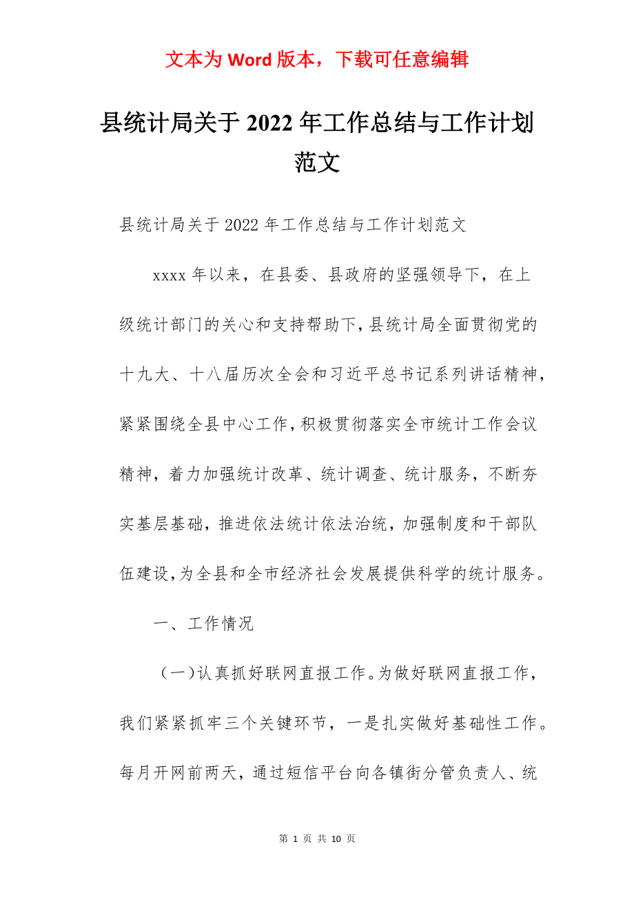 县统计局关于2022年工作总结与工作计划范文.docx_第1页