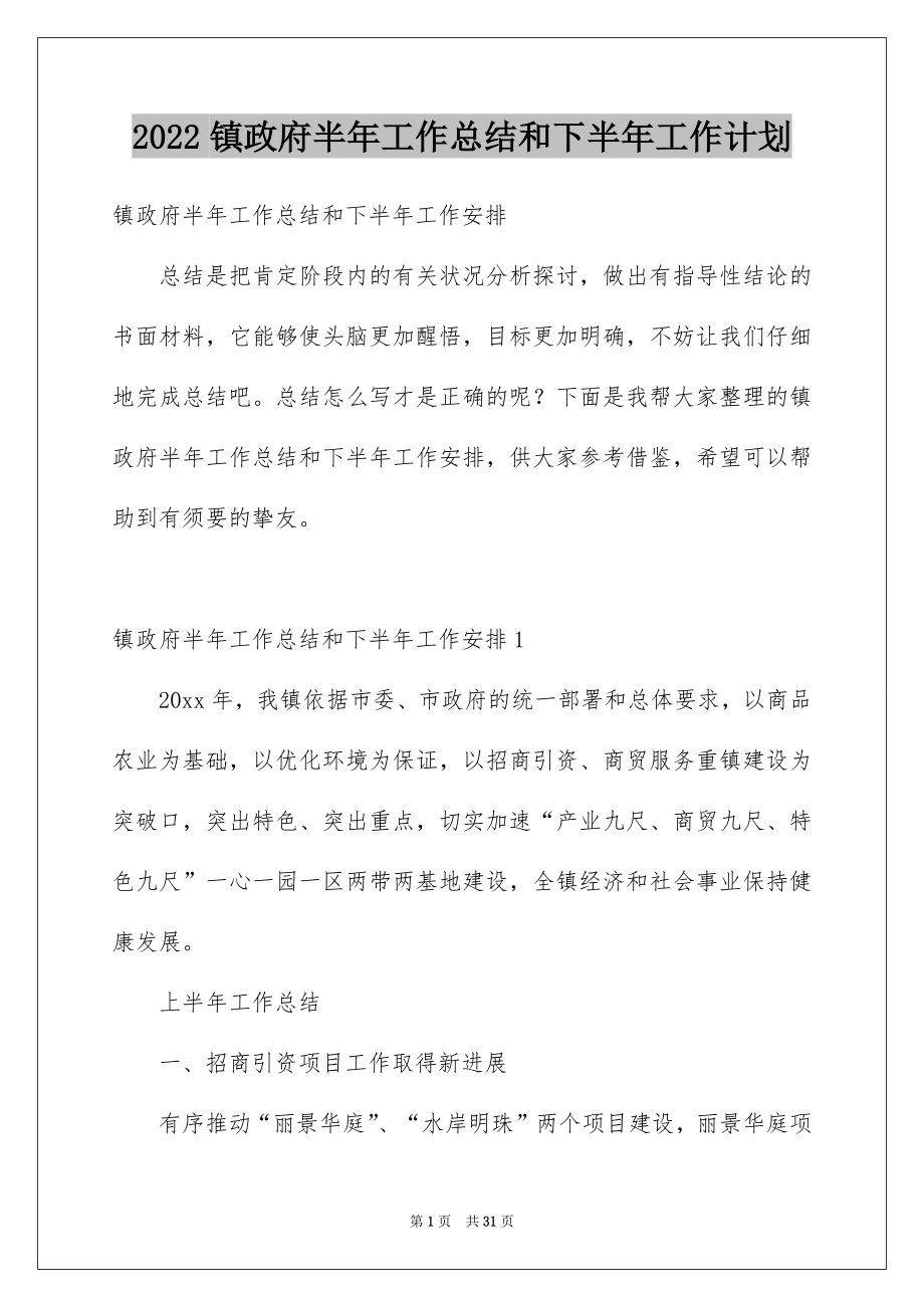 2022镇政府半年工作总结和下半年工作计划.docx_第1页