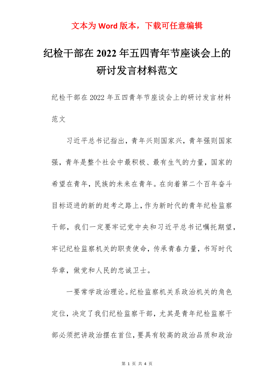 纪检干部在2022年五四青年节座谈会上的研讨发言材料范文.docx_第1页