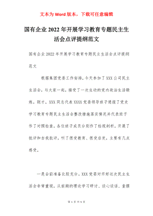 国有企业2022年开展学习教育专题民主生活会点评提纲范文.docx