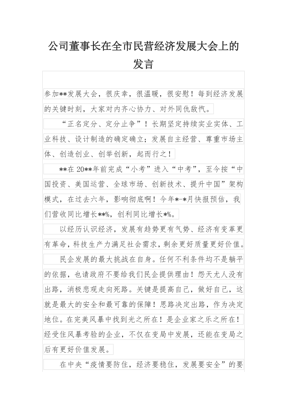 公司董事长在全市民营经济发展大会上的发言.docx_第1页