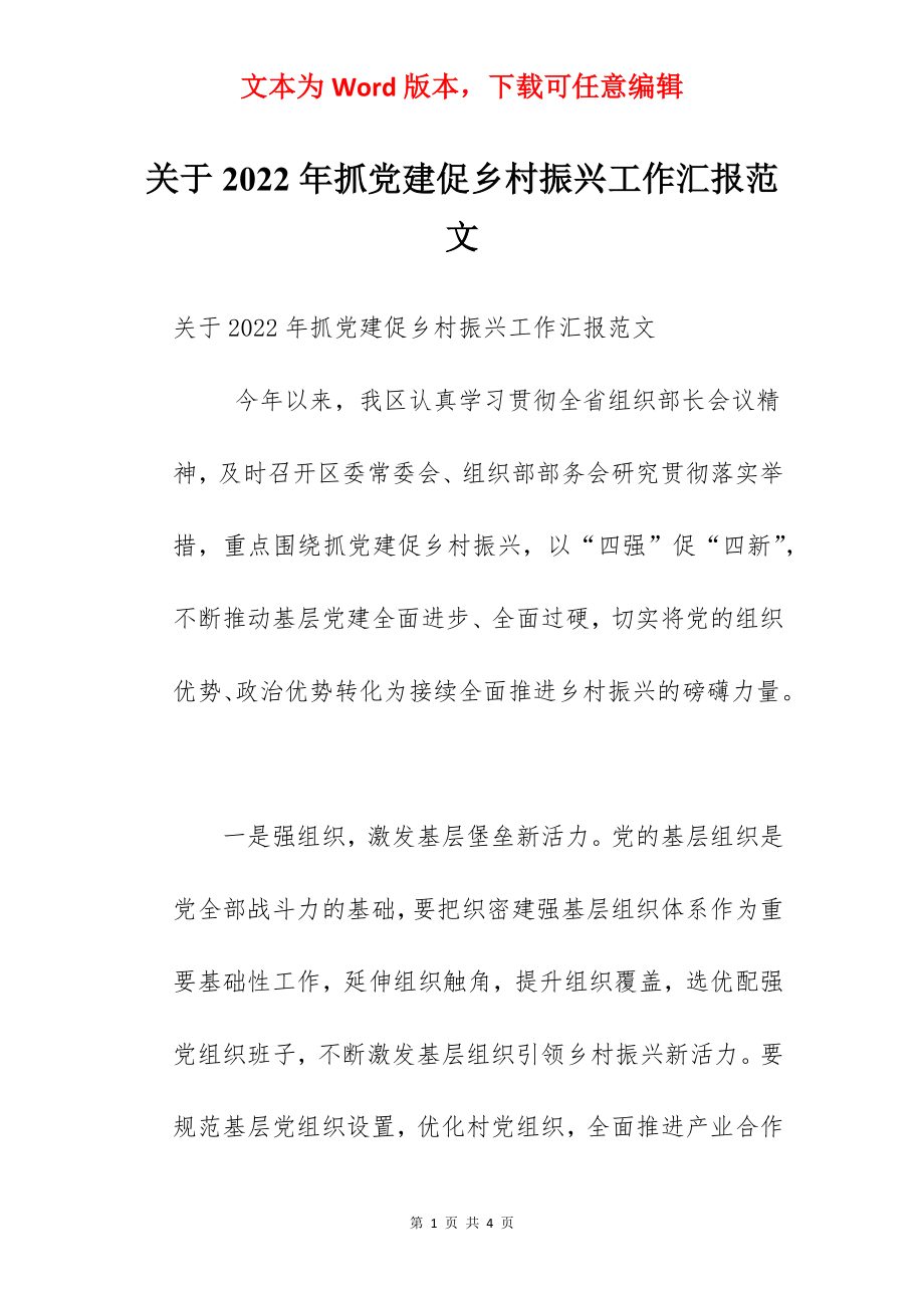 关于2022年抓党建促乡村振兴工作汇报范文.docx_第1页