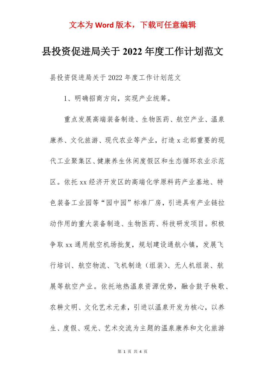 县投资促进局关于2022年度工作计划范文.docx_第1页