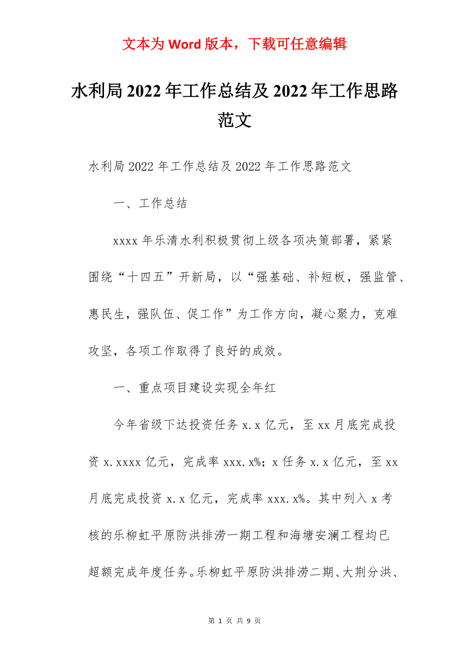 水利局2022年工作总结及2022年工作思路范文.docx_第1页