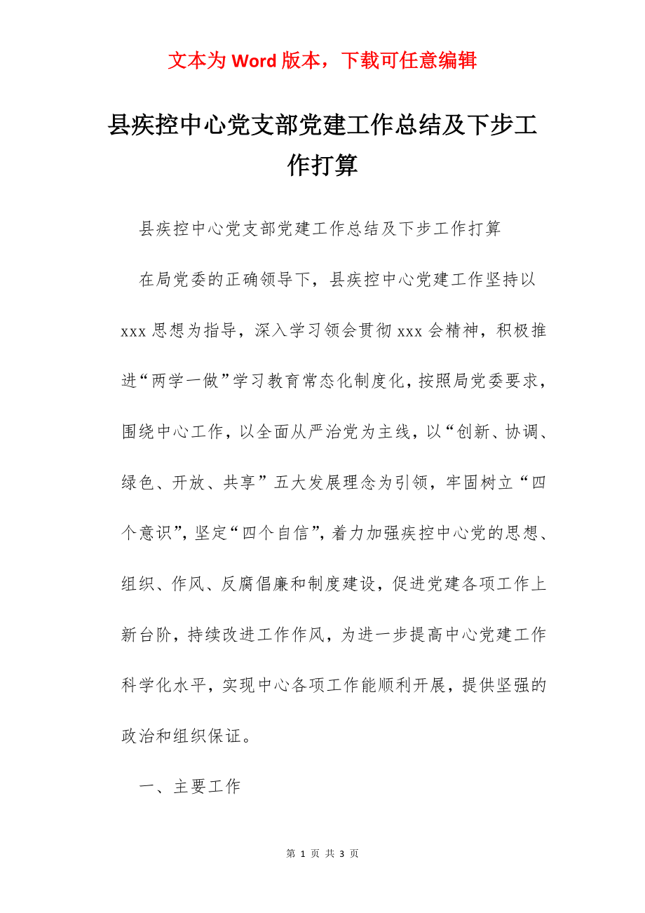 县疾控中心党支部党建工作总结及下步工作打算.docx_第1页