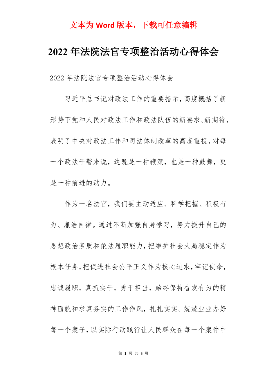 2022年法院法官专项整治活动心得体会.docx_第1页