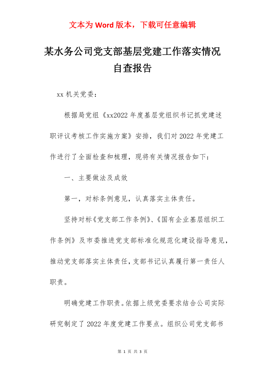 某水务公司党支部基层党建工作落实情况自查报告.docx_第1页