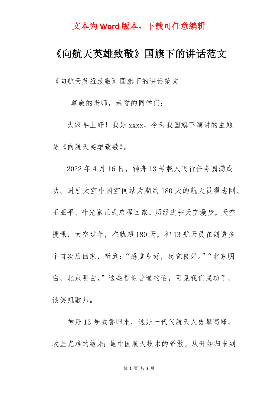 《向航天英雄致敬》国旗下的讲话范文.docx_第1页