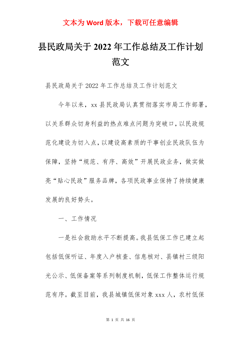 县民政局关于2022年工作总结及工作计划范文.docx_第1页