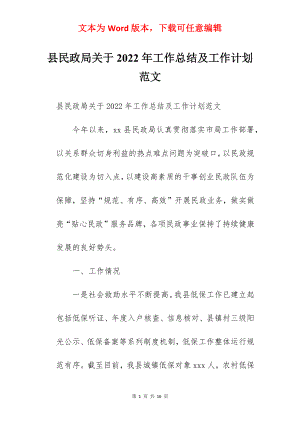 县民政局关于2022年工作总结及工作计划范文.docx