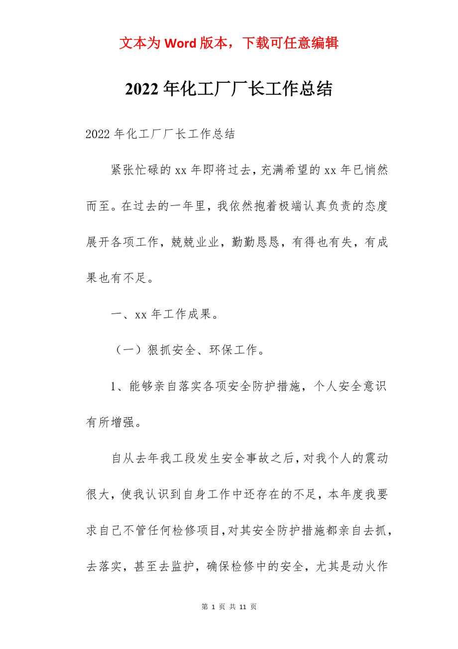 2022年化工厂厂长工作总结.docx_第1页