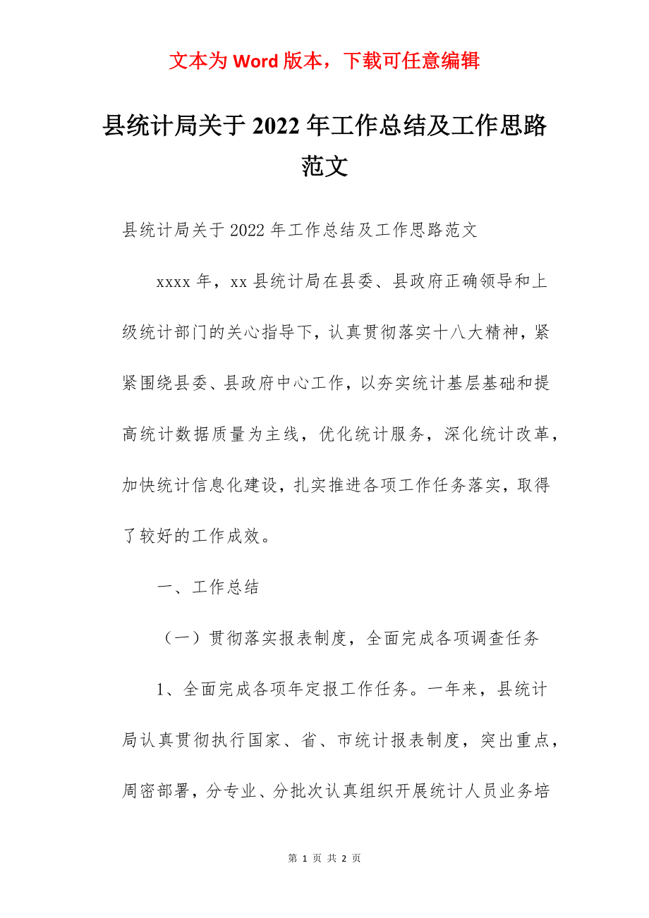 县统计局关于2022年工作总结及工作思路范文.docx_第1页