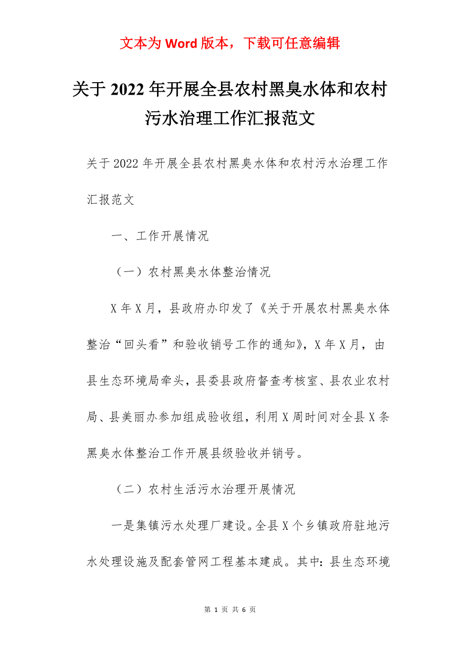 关于2022年开展全县农村黑臭水体和农村污水治理工作汇报范文.docx_第1页