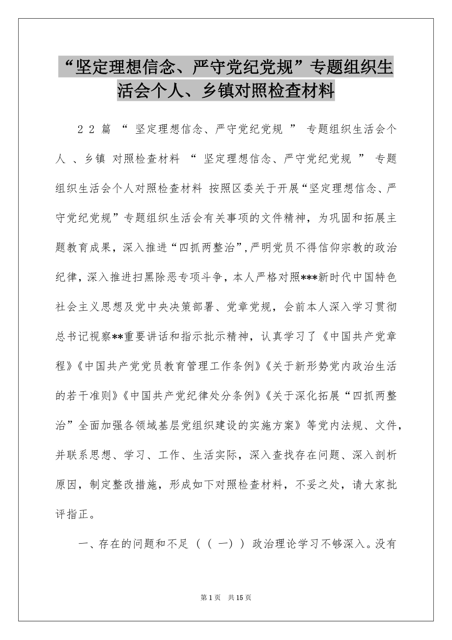 “坚定理想信念、严守党纪党规”专题组织生活会个人、乡镇对照检查材料.docx_第1页