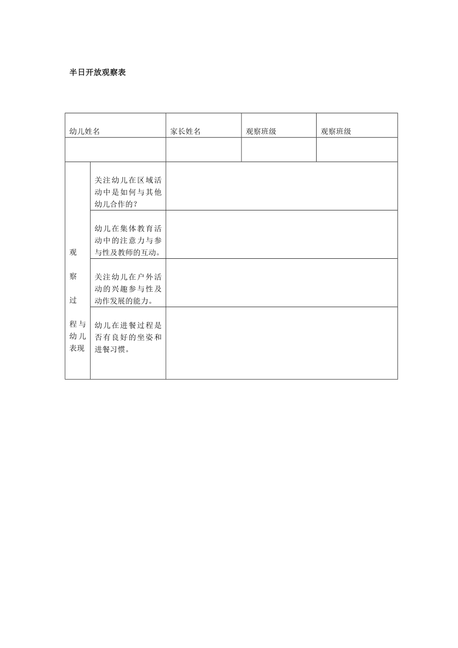 幼儿园管理制度运营资料 幼儿园常用表格 半日开放观察表.doc_第1页