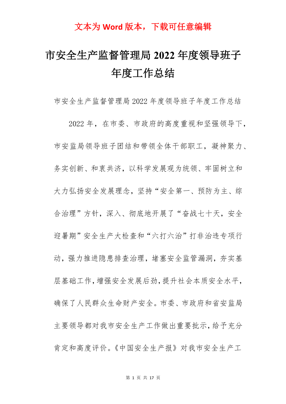 市安全生产监督管理局2022年度领导班子年度工作总结.docx_第1页