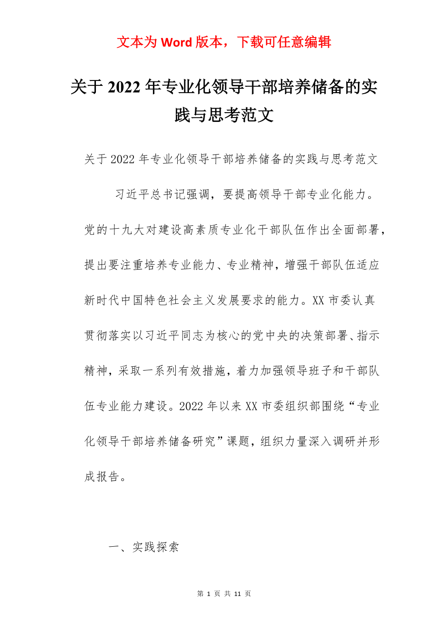 关于2022年专业化领导干部培养储备的实践与思考范文.docx_第1页